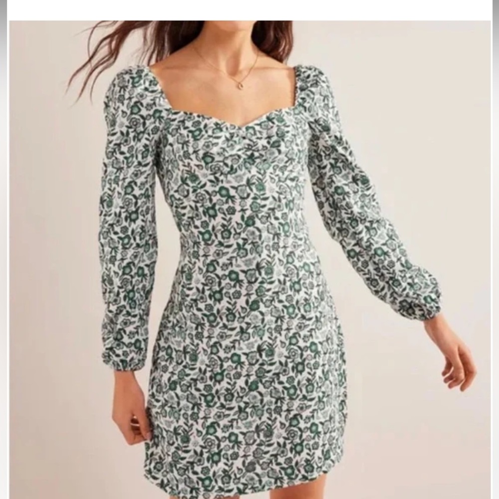 🆕 BODEN Meadow Green Floral 100% Linen Sweetheart Neckline Mini Shift Dress 14L